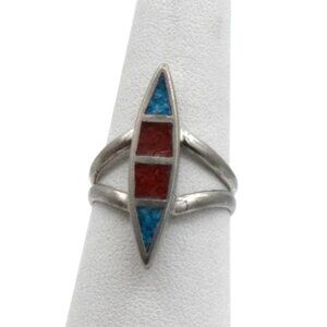 Vintage Southwestern Turquoise & Coral Silver Tone Ring Unisex Size 9